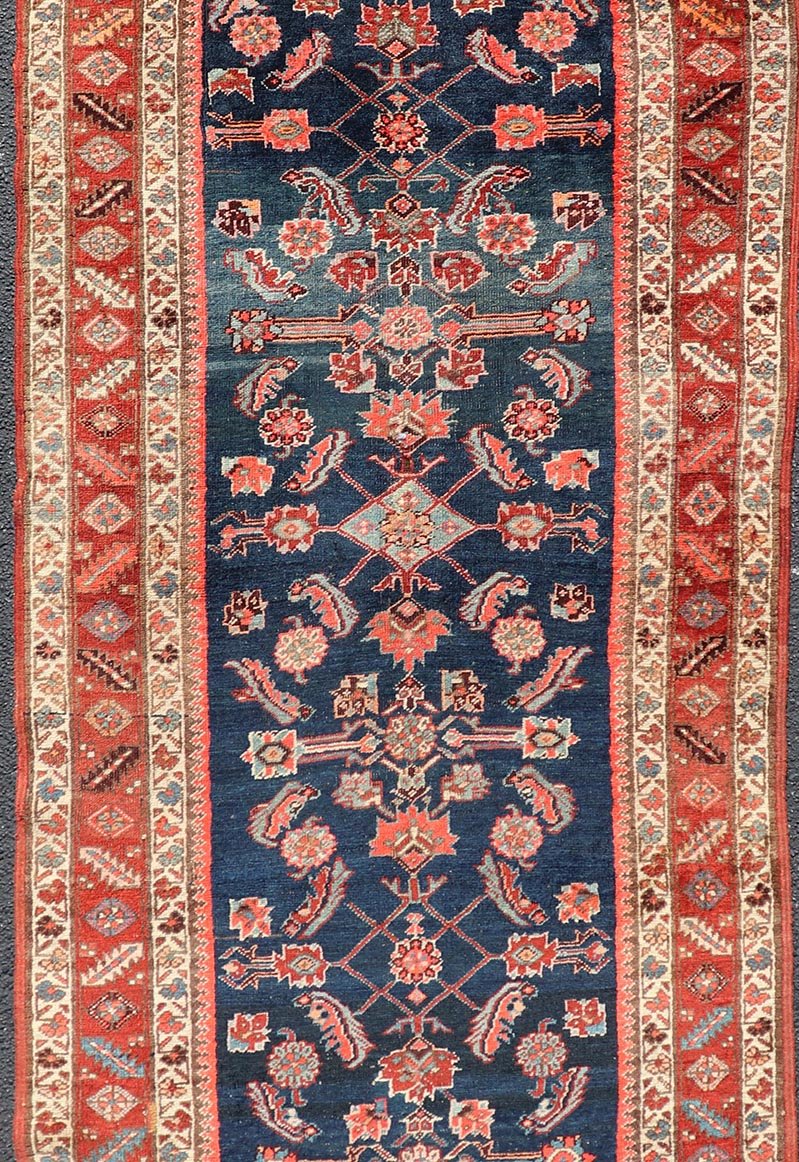 Antique Persian Bidjar Runner with Small Floral Motifs in Blue, Red, and Ivory. Keivan Woven Arts / rug /X23 - 0819 - 399, country of origin / type: Iran / Bidjar, circa 1900 Measures: 3'6 x 10'0 This antique Persian Bidjar wide runner features a be... - Keivan Woven ArtsX23 - 0819 - 399 - 24880Rug