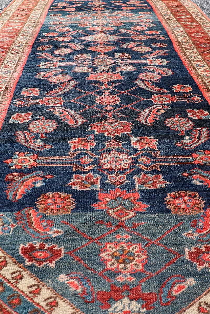 Antique Persian Bidjar Runner with Small Floral Motifs in Blue, Red, and Ivory. Keivan Woven Arts / rug /X23 - 0819 - 399, country of origin / type: Iran / Bidjar, circa 1900 Measures: 3'6 x 10'0 This antique Persian Bidjar wide runner features a be... - Keivan Woven ArtsX23 - 0819 - 399 - 24880Rug