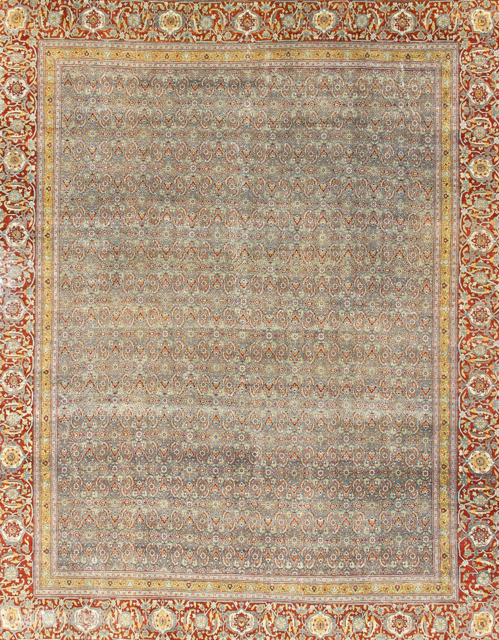 Red, border with gray, and blue Persian Tabriz antique rug in sub geometric design. keivan Woven Arts / rug zir - 1, country of origin / type: Iran / Tabriz, circa 1910. Measures: 13'6 x 16'2. This antique Persian Tabriz carpet (circa early 20th c... - Keivan Woven ArtsZIR - 1 - 9368Rug