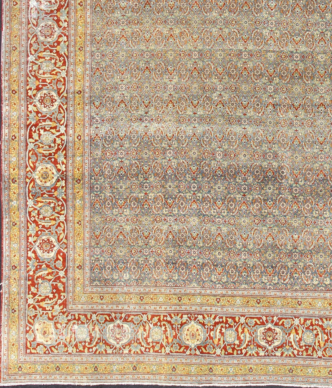 Red, border with gray, and blue Persian Tabriz antique rug in sub geometric design. keivan Woven Arts / rug zir - 1, country of origin / type: Iran / Tabriz, circa 1910. Measures: 13'6 x 16'2. This antique Persian Tabriz carpet (circa early 20th c... - Keivan Woven ArtsZIR - 1 - 9368Rug