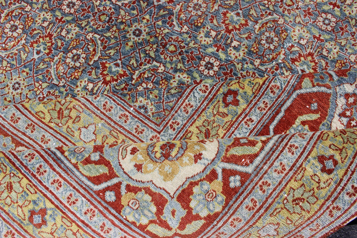 Red, border with gray, and blue Persian Tabriz antique rug in sub geometric design. keivan Woven Arts / rug zir - 1, country of origin / type: Iran / Tabriz, circa 1910. Measures: 13'6 x 16'2. This antique Persian Tabriz carpet (circa early 20th c... - Keivan Woven ArtsZIR - 1 - 9368Rug
