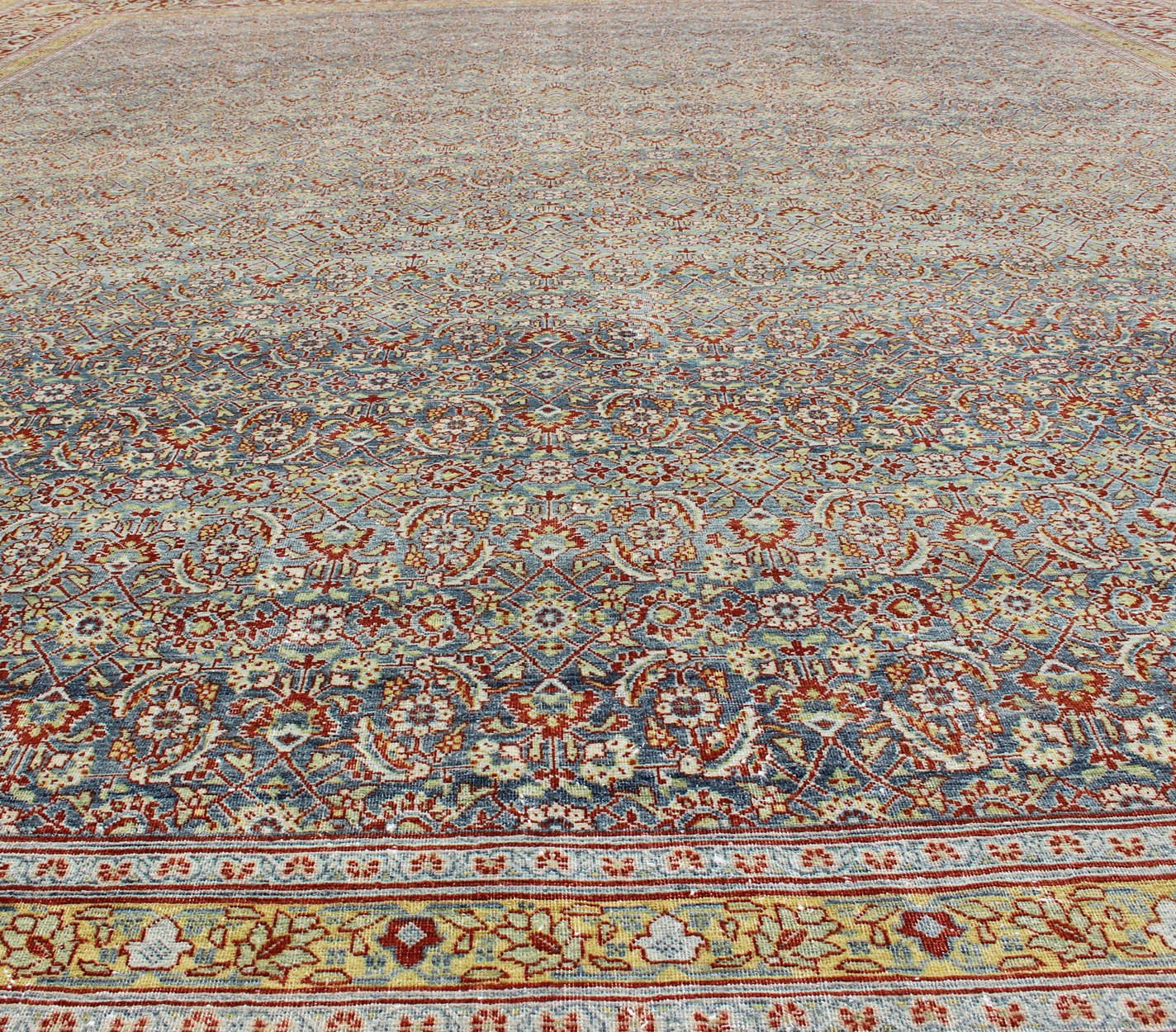Red, border with gray, and blue Persian Tabriz antique rug in sub geometric design. keivan Woven Arts / rug zir - 1, country of origin / type: Iran / Tabriz, circa 1910. Measures: 13'6 x 16'2. This antique Persian Tabriz carpet (circa early 20th c... - Keivan Woven ArtsZIR - 1 - 9368Rug