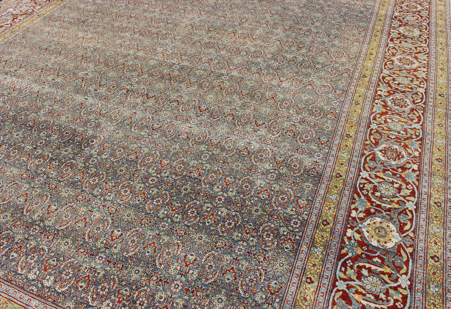 Red, border with gray, and blue Persian Tabriz antique rug in sub geometric design. keivan Woven Arts / rug zir - 1, country of origin / type: Iran / Tabriz, circa 1910. Measures: 13'6 x 16'2. This antique Persian Tabriz carpet (circa early 20th c... - Keivan Woven ArtsZIR - 1 - 9368Rug