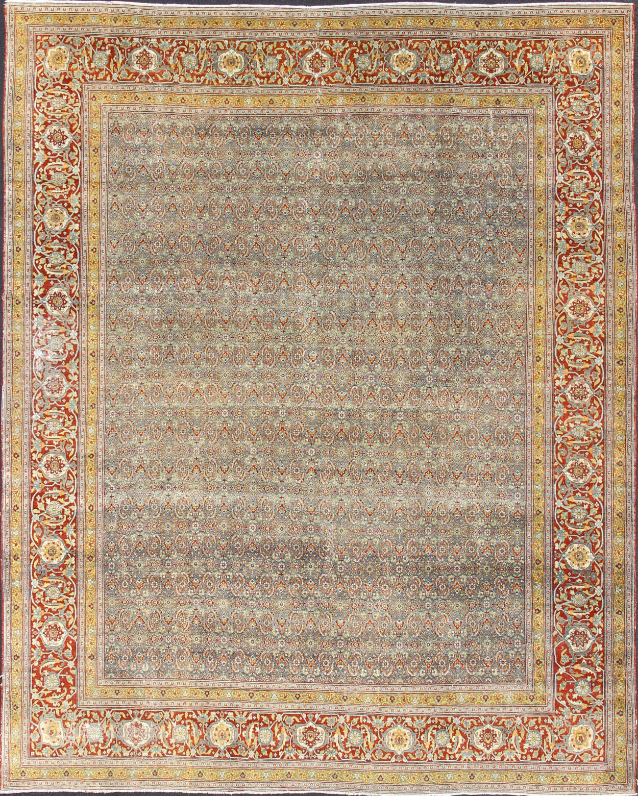 Red, border with gray, and blue Persian Tabriz antique rug in sub geometric design. keivan Woven Arts / rug zir - 1, country of origin / type: Iran / Tabriz, circa 1910. Measures: 13'6 x 16'2. This antique Persian Tabriz carpet (circa early 20th c... - Keivan Woven ArtsZIR - 1 - 9368Rug