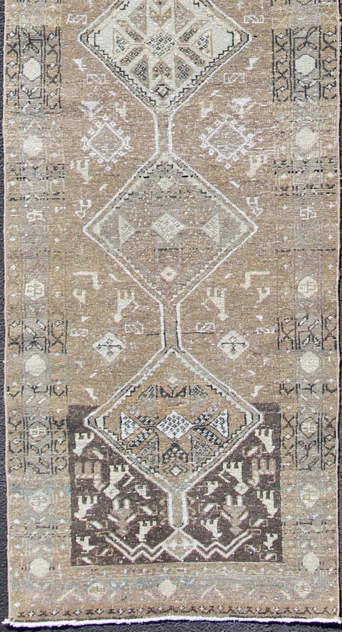 Tribal diamond medallion antique Heriz runner Persian in taupe, camel, brown, rug zir - 20, country of origin / type: Iran / Heriz, circa 1910 This antique Persian Heriz gallery rug, circa early 20th century, features a unique blend of colors and ... - Keivan Woven ArtsZIR - 20 - 10090Rug