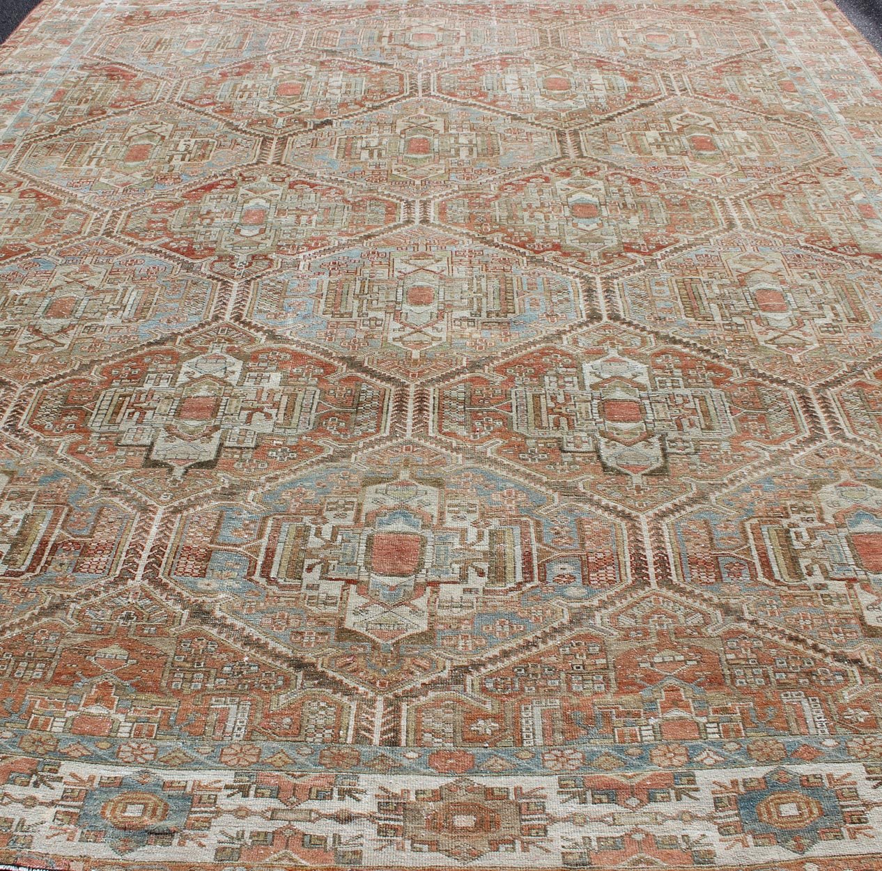 Large Antique Persian Over Sized Diamond Design Bakhtiari Rug in Multi Colors. Large antique Persian diamond design Bakhtiari rug in coral, blue, green, gold. All - over diamond design large antique Persian Bakhtiari rug in coral, blue, green, tan, gold.... - Keivan Woven ArtsZIR - 21 - 10094Rug