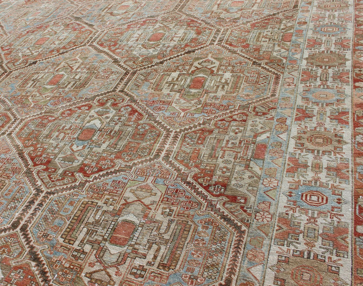 Large Antique Persian Over Sized Diamond Design Bakhtiari Rug in Multi Colors. Large antique Persian diamond design Bakhtiari rug in coral, blue, green, gold. All - over diamond design large antique Persian Bakhtiari rug in coral, blue, green, tan, gold.... - Keivan Woven ArtsZIR - 21 - 10094Rug