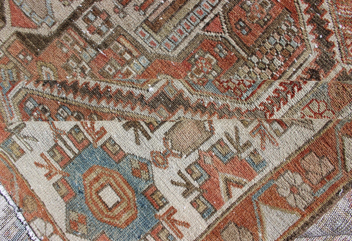 Large Antique Persian Over Sized Diamond Design Bakhtiari Rug in Multi Colors. Large antique Persian diamond design Bakhtiari rug in coral, blue, green, gold. All - over diamond design large antique Persian Bakhtiari rug in coral, blue, green, tan, gold.... - Keivan Woven ArtsZIR - 21 - 10094Rug