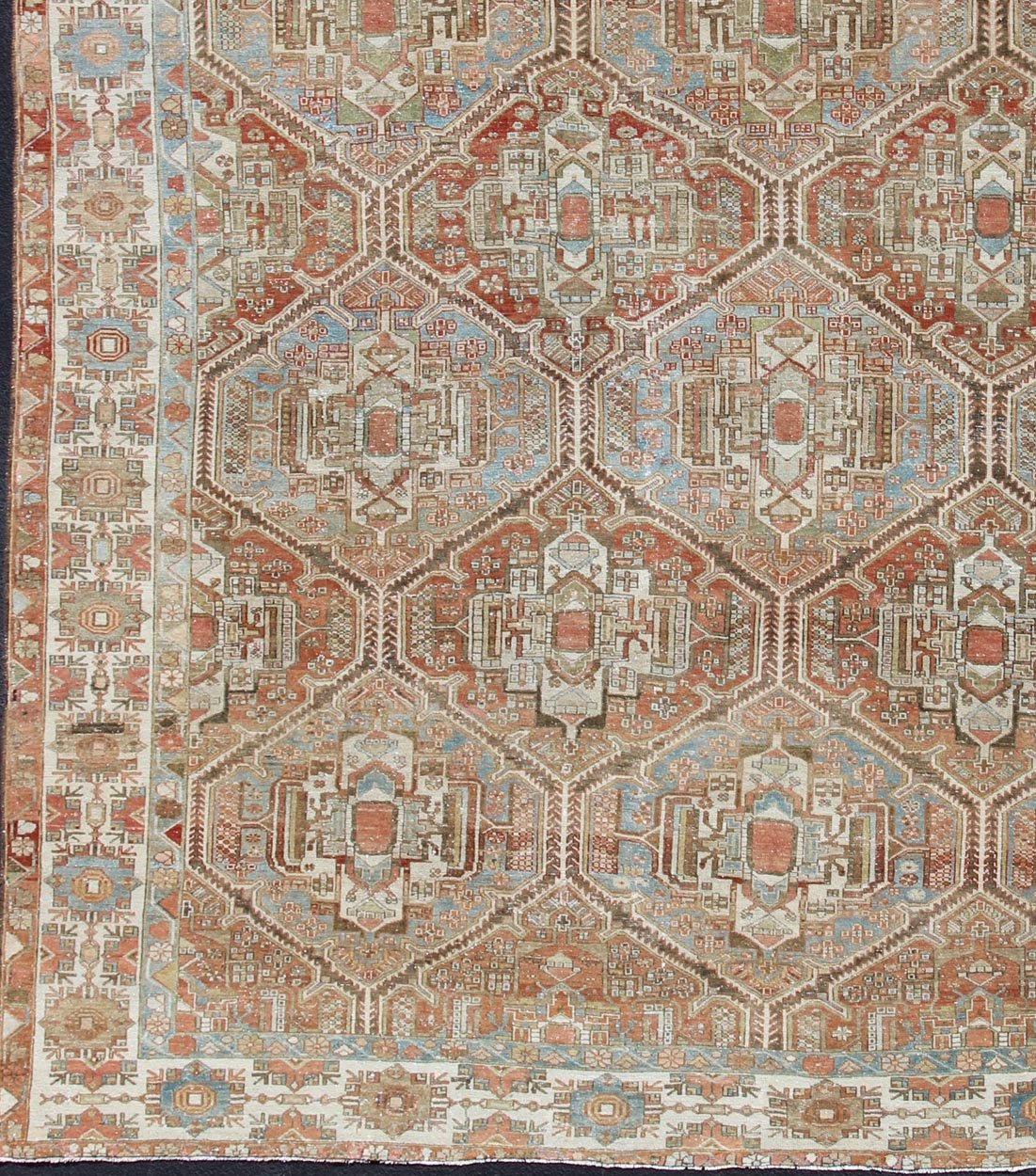 Large Antique Persian Over Sized Diamond Design Bakhtiari Rug in Multi Colors. Large antique Persian diamond design Bakhtiari rug in coral, blue, green, gold. All - over diamond design large antique Persian Bakhtiari rug in coral, blue, green, tan, gold.... - Keivan Woven ArtsZIR - 21 - 10094Rug