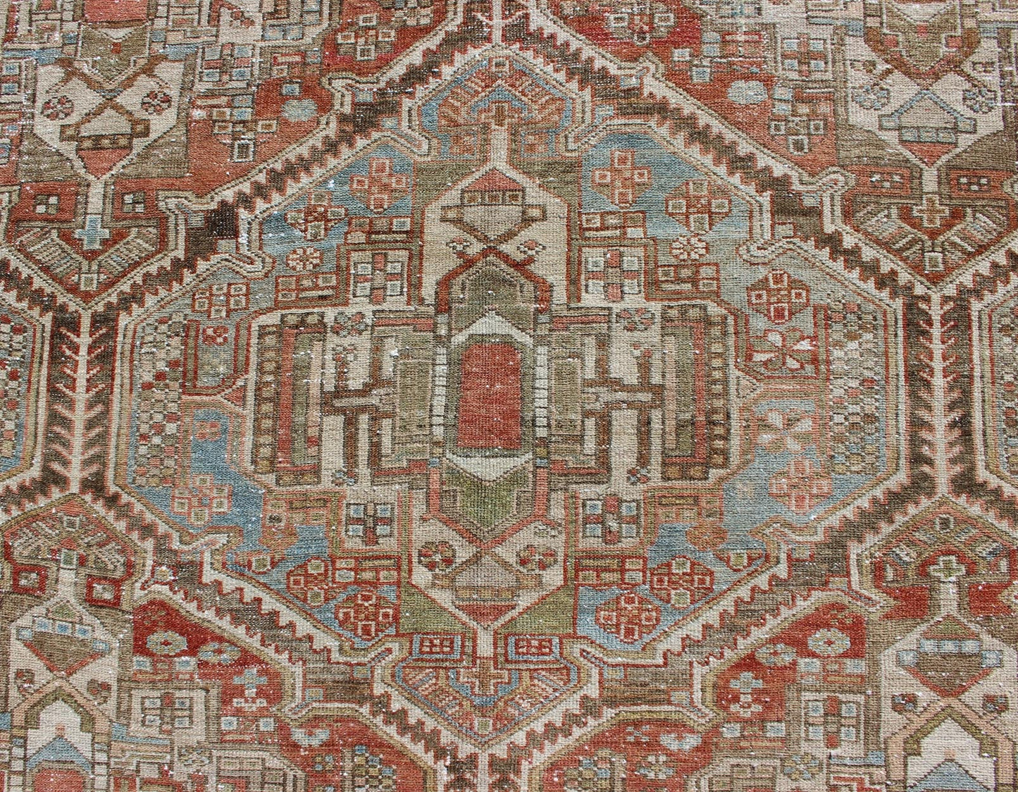 Large Antique Persian Over Sized Diamond Design Bakhtiari Rug in Multi Colors. Large antique Persian diamond design Bakhtiari rug in coral, blue, green, gold. All - over diamond design large antique Persian Bakhtiari rug in coral, blue, green, tan, gold.... - Keivan Woven ArtsZIR - 21 - 10094Rug
