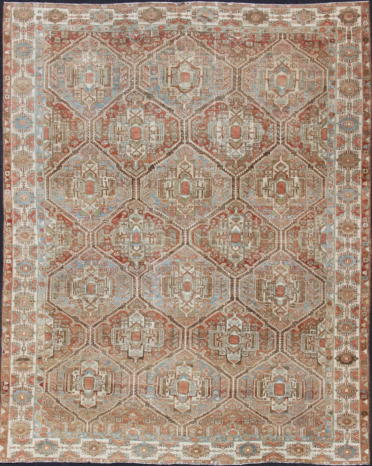 Large Antique Persian Over Sized Diamond Design Bakhtiari Rug in Multi Colors. Large antique Persian diamond design Bakhtiari rug in coral, blue, green, gold. All - over diamond design large antique Persian Bakhtiari rug in coral, blue, green, tan, gold.... - Keivan Woven ArtsZIR - 21 - 10094Rug
