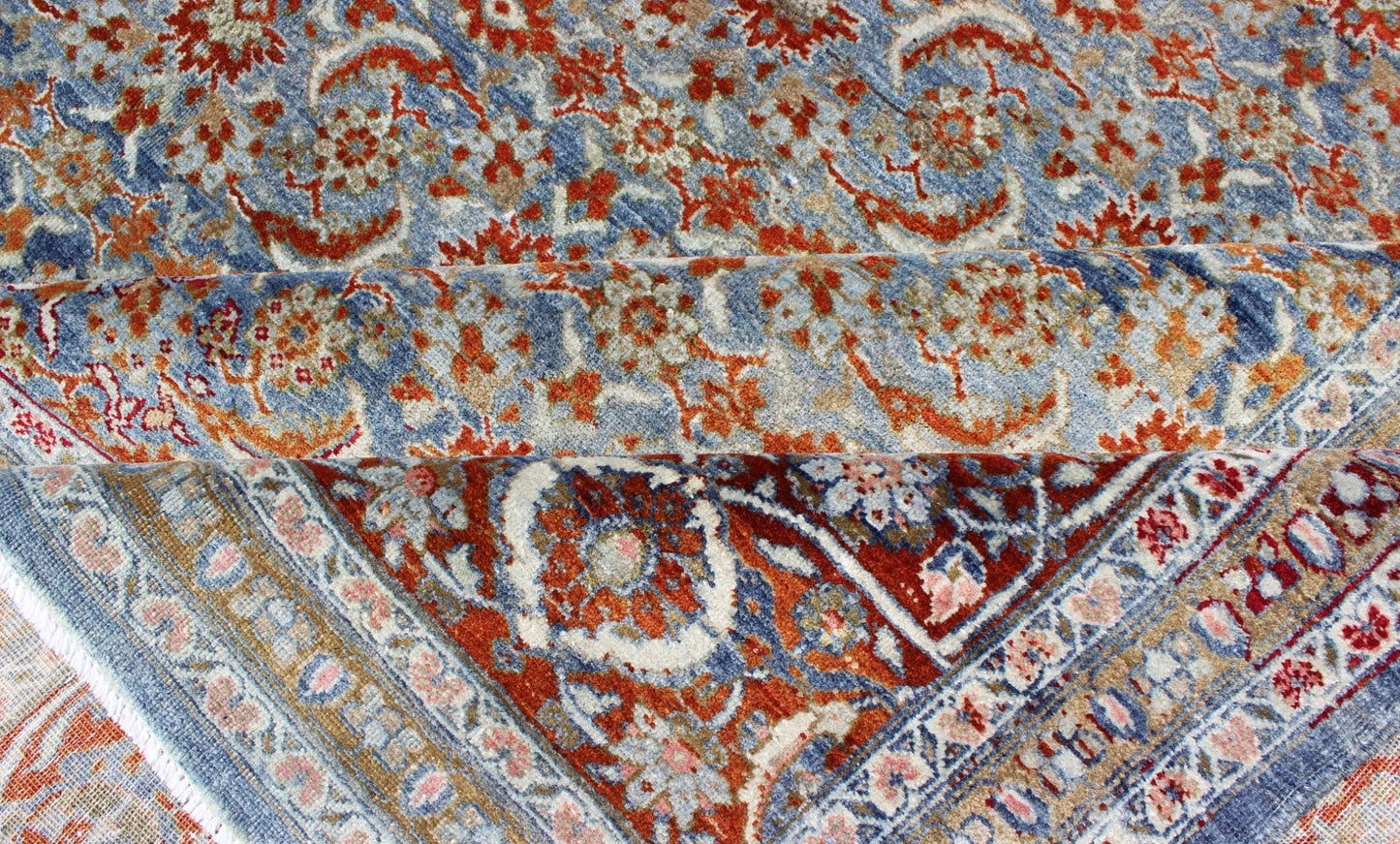 Light Blue and Red Antique Tabriz Rug with All Over Herati Design. Red and light blue vintage Persian Tabriz rug with free flowing floral design, rug zir - 3, country of origin / type: Iran / Tabriz, circa 1910 This magnificent early 20th century ... - Keivan Woven ArtsZIR - 3 - 9868Rug