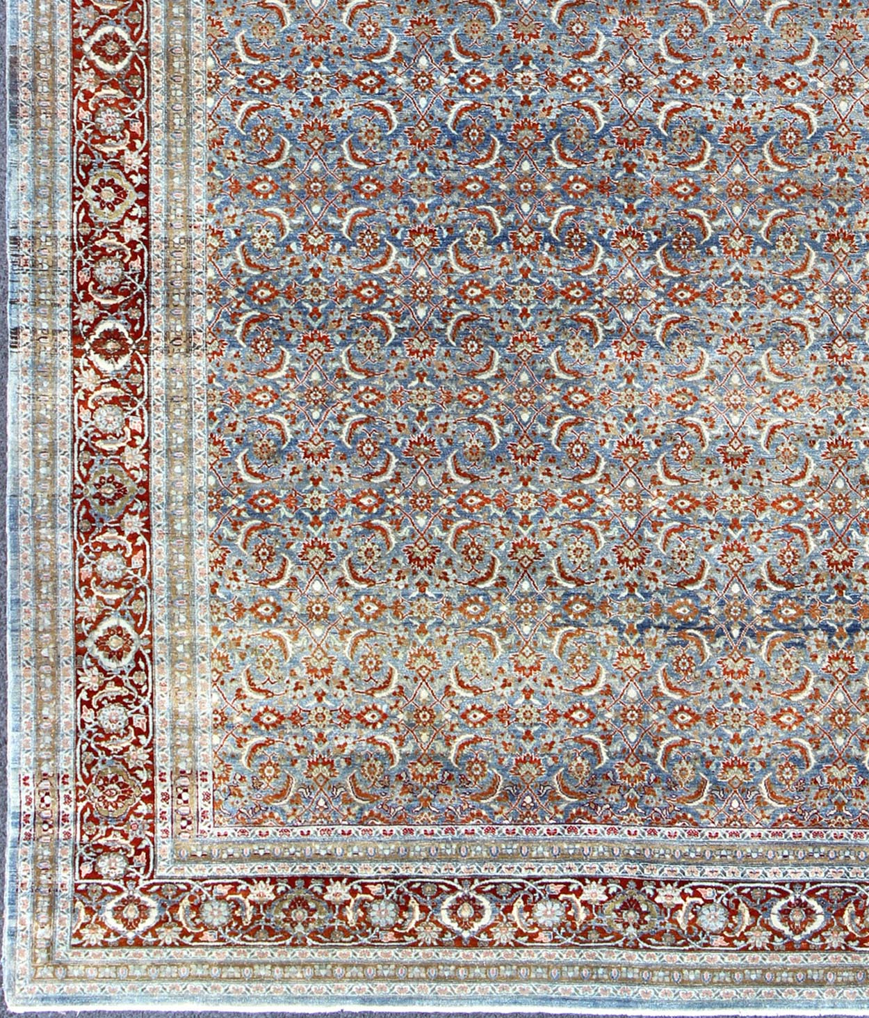 Light Blue and Red Antique Tabriz Rug with All Over Herati Design. Red and light blue vintage Persian Tabriz rug with free flowing floral design, rug zir - 3, country of origin / type: Iran / Tabriz, circa 1910 This magnificent early 20th century ... - Keivan Woven ArtsZIR - 3 - 9868Rug