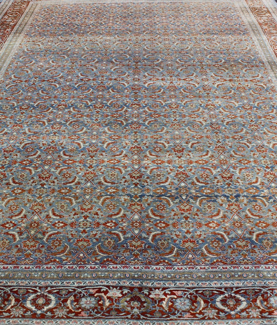Light Blue and Red Antique Tabriz Rug with All Over Herati Design. Red and light blue vintage Persian Tabriz rug with free flowing floral design, rug zir - 3, country of origin / type: Iran / Tabriz, circa 1910 This magnificent early 20th century ... - Keivan Woven ArtsZIR - 3 - 9868Rug