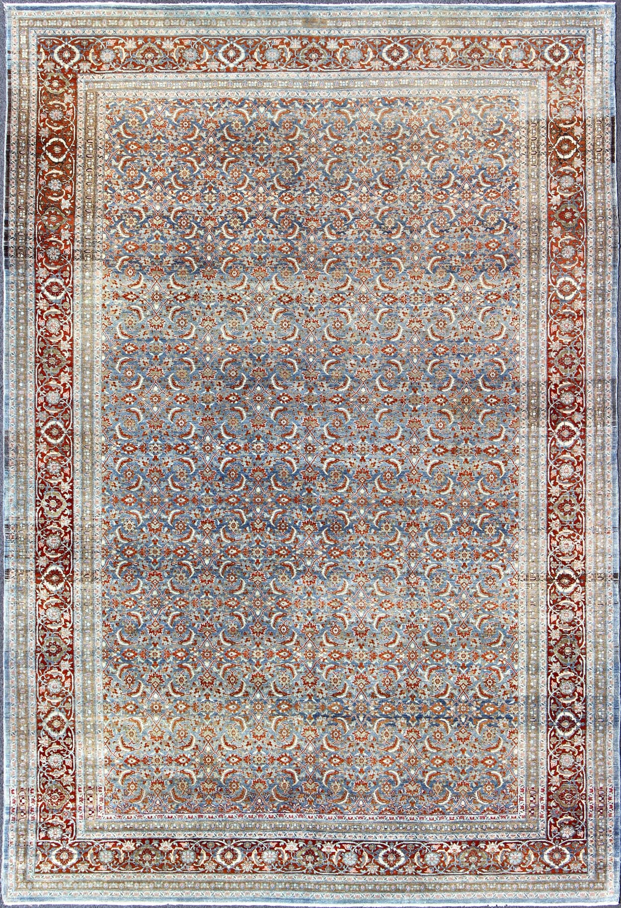 Light Blue and Red Antique Tabriz Rug with All Over Herati Design. Red and light blue vintage Persian Tabriz rug with free flowing floral design, rug zir - 3, country of origin / type: Iran / Tabriz, circa 1910 This magnificent early 20th century ... - Keivan Woven ArtsZIR - 3 - 9868Rug