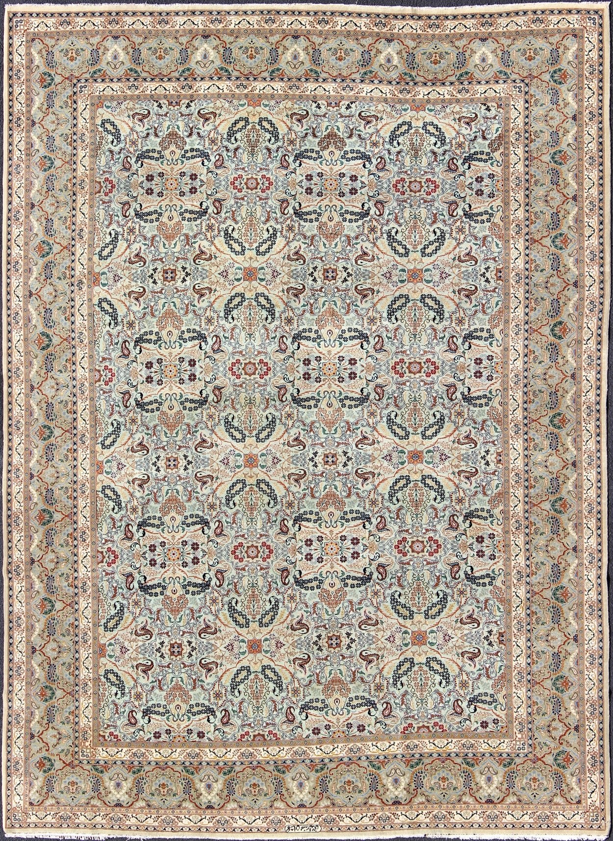 Fine Persian Kashan in Celadon green, light blue field Intricate Floral Motifs Persian Kashan rug with all - over blossom design, Keivan Woven Arts/rug /zir - 4, country of origin / type: Iran / Kashan, circa 1940 Measures: 9' x 11'7 ... - Keivan Woven ArtsZIR - 4 - 9872Rug