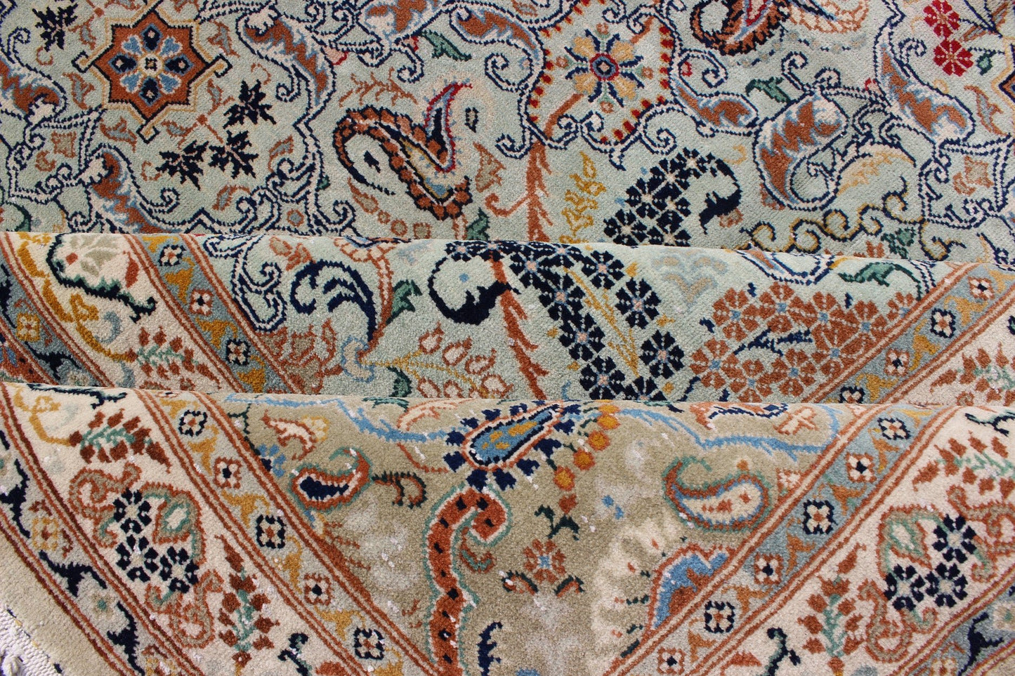 Fine Persian Kashan in Celadon green, light blue field Intricate Floral Motifs Persian Kashan rug with all - over blossom design, Keivan Woven Arts/rug /zir - 4, country of origin / type: Iran / Kashan, circa 1940 Measures: 9' x 11'7 ... - Keivan Woven ArtsZIR - 4 - 9872Rug