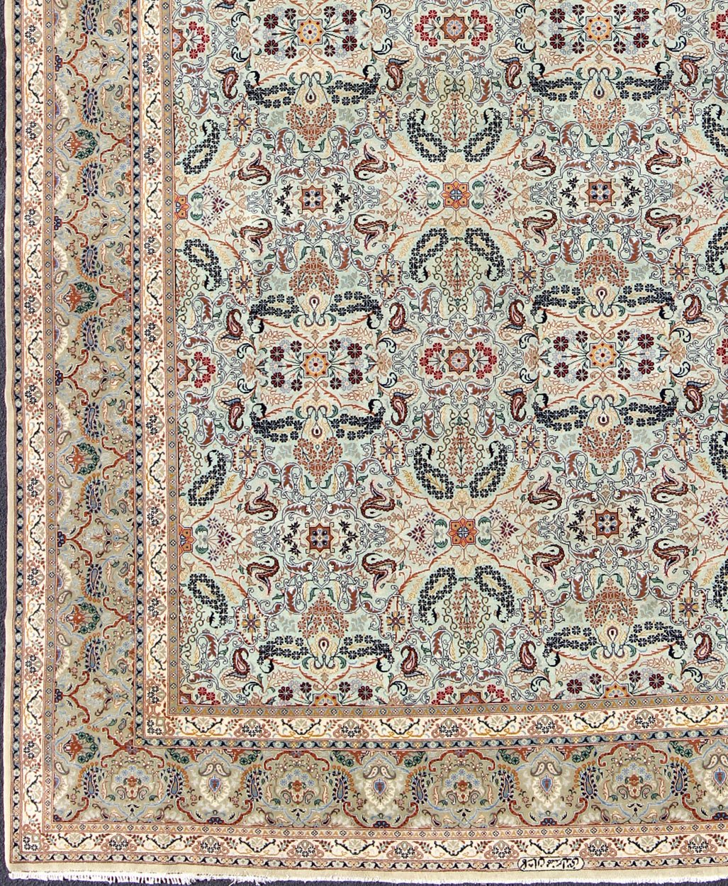 Fine Persian Kashan in Celadon green, light blue field Intricate Floral Motifs Persian Kashan rug with all - over blossom design, Keivan Woven Arts/rug /zir - 4, country of origin / type: Iran / Kashan, circa 1940 Measures: 9' x 11'7 ... - Keivan Woven ArtsZIR - 4 - 9872Rug
