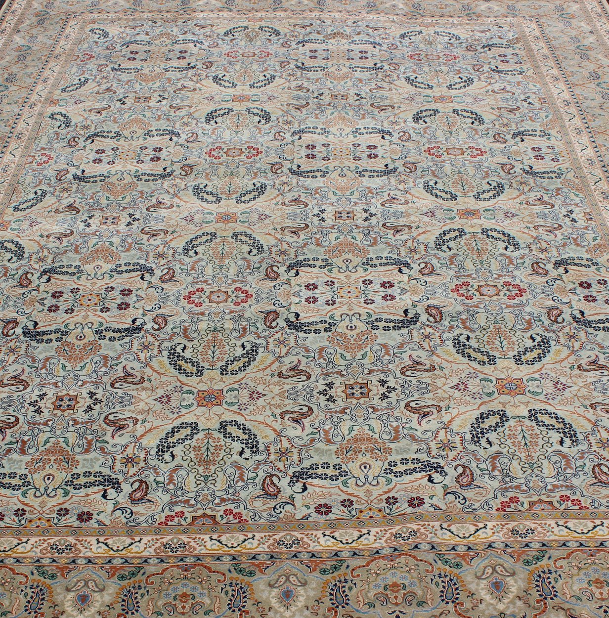 Fine Persian Kashan in Celadon green, light blue field Intricate Floral Motifs Persian Kashan rug with all - over blossom design, Keivan Woven Arts/rug /zir - 4, country of origin / type: Iran / Kashan, circa 1940 Measures: 9' x 11'7 ... - Keivan Woven ArtsZIR - 4 - 9872Rug