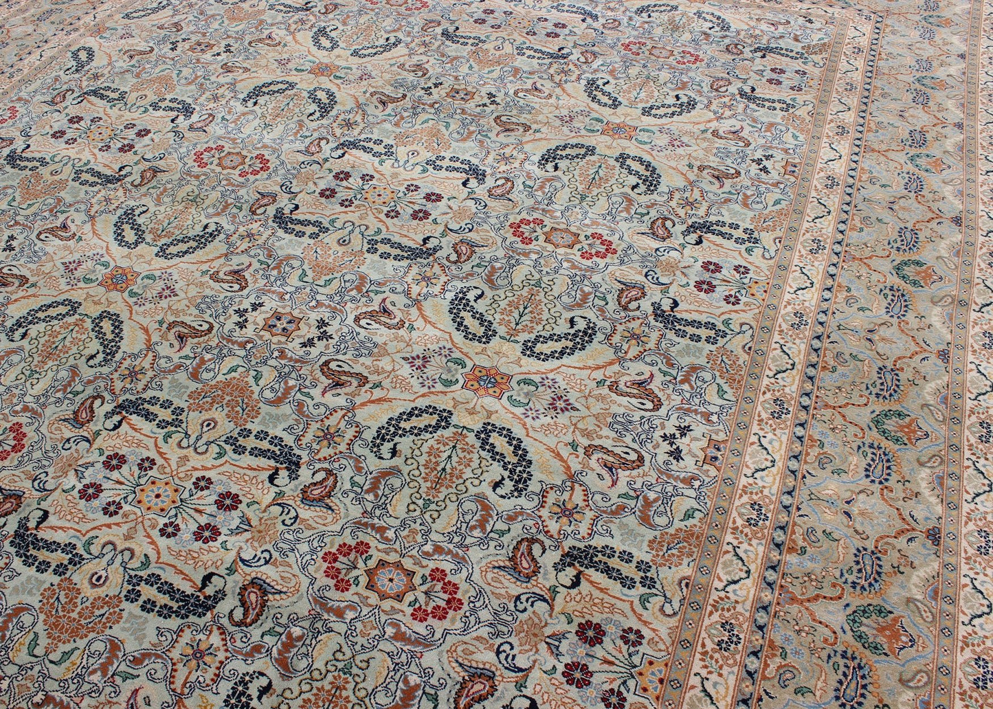 Fine Persian Kashan in Celadon green, light blue field Intricate Floral Motifs Persian Kashan rug with all - over blossom design, Keivan Woven Arts/rug /zir - 4, country of origin / type: Iran / Kashan, circa 1940 Measures: 9' x 11'7 ... - Keivan Woven ArtsZIR - 4 - 9872Rug