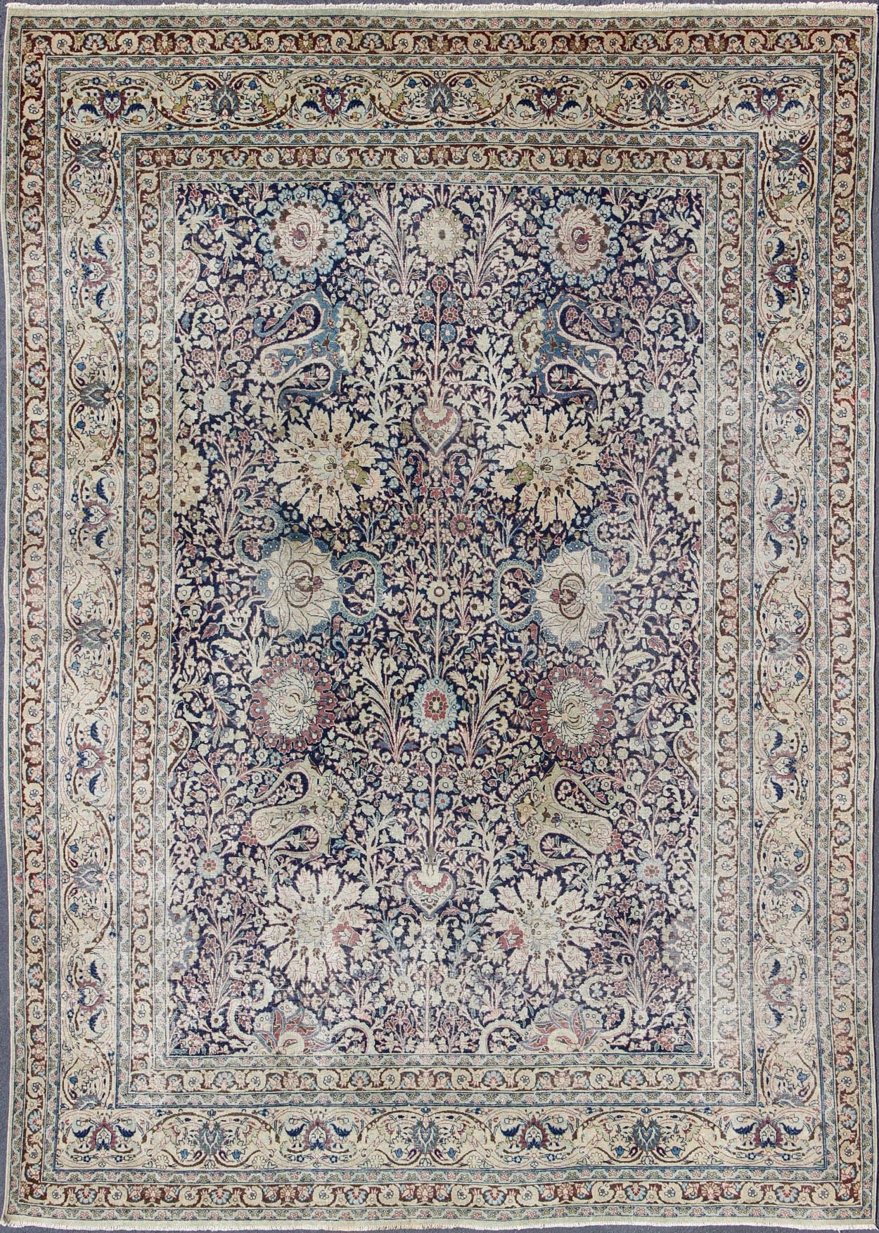 Navy Blue Antique Persian Fine Tabriz Rug with All - Over Large Scale Flowers. Navy Blue, ivory and multi colors antique Persian Tabriz rug with all - over large scale floral design, rug zir - 5, country of origin / type: Iran / Tabriz, circa 1910 ... - Keivan Woven ArtsZIR - 5 - 9878Rug