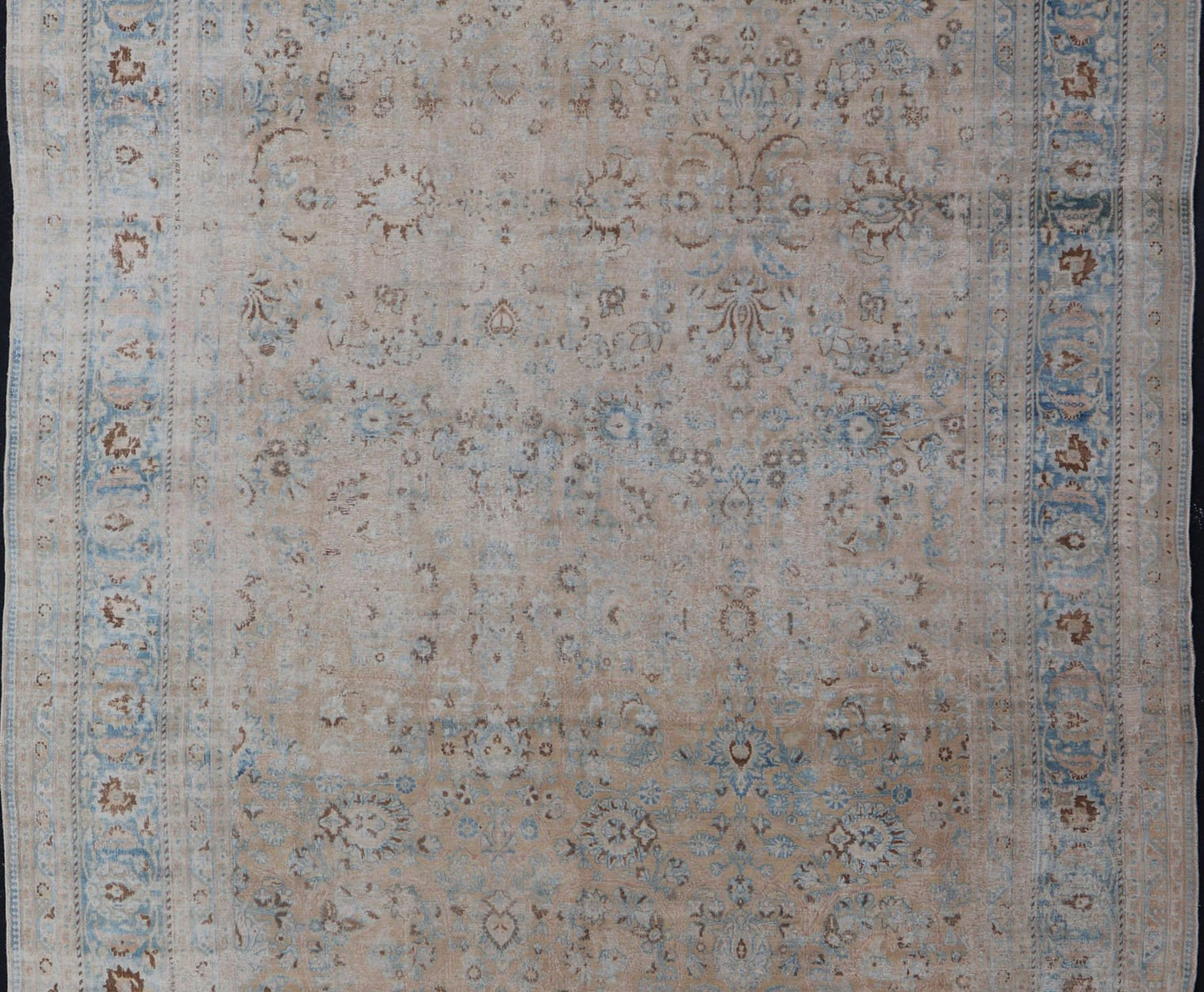 Persian distressed Antique Mashhad Carpet with Muted Floral and Medallion Design. Antique distressed Persian Mashhad carpet with tan and blue floral and medallion design, / ZIR - 51 - KV - 10. Persian Mashhad floral design. This outstanding mu... - Keivan Woven ArtsZIR - 51 - KV - 10 - 14994