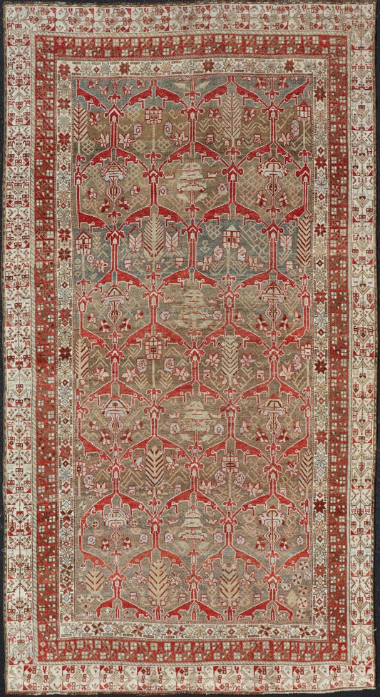 Kurdish Antique Gallery Runner with Tribal Design in Light Green, Tan and Red Antique Kurdish runner antique with tribal geometric medallions in soft green, brown, red, cream and tans. rug ZIR - 62 - KV - 14 - 15, Keivan Woven Arts / country of origin /... - Keivan Woven ArtsZIR - 62 - KV - 14 - 15 - 15036