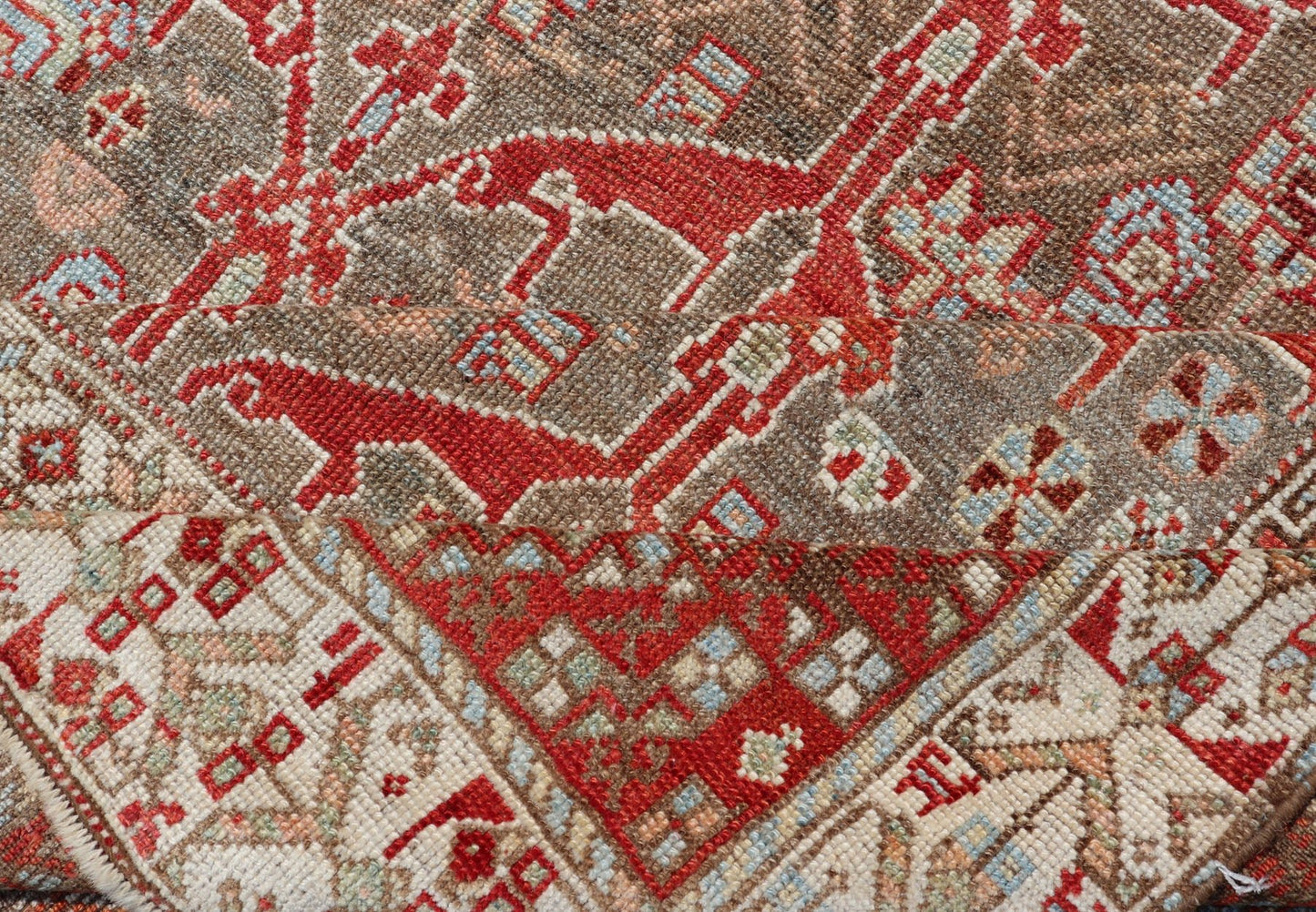 Kurdish Antique Gallery Runner with Tribal Design in Light Green, Tan and Red Antique Kurdish runner antique with tribal geometric medallions in soft green, brown, red, cream and tans. rug ZIR - 62 - KV - 14 - 15, Keivan Woven Arts / country of origin /... - Keivan Woven ArtsZIR - 62 - KV - 14 - 15 - 15036Rug