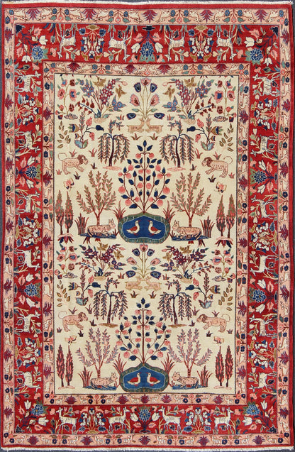 Keivan Woven Arts, 10 - 70716,Vintage Fine Isfahan Rug With Nature Motifs in Ivory, Blue, Brown & Red. Semi antique Persian Isfahan rug with nature motifs in ivory Blue, Brown and red, rug 10 - 70716, country of origin / type: Iran / Isfahan, circa 1950. ... - Keivan Woven Arts10 - 70716 - 2155Rug