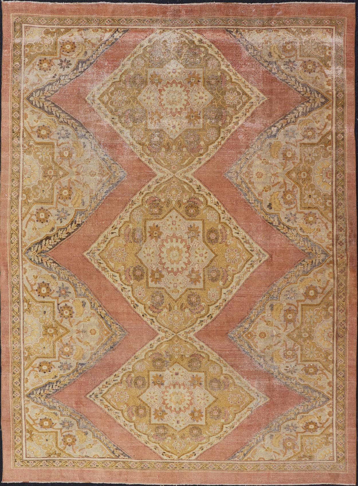Antique Indian Agra Rug in Acidic Yellow Green, Pink and Ivory Antique Hand Knotted Indian Amritsar rug in acidic yellow green, pink, ivory and blue highlights. rug / 10 - 91003. 1890 circa Keivan Woven Arts/ Antique Amritsar, Antique Agra. ... - Keivan Woven Arts10 - 91003 - 2647Rug
