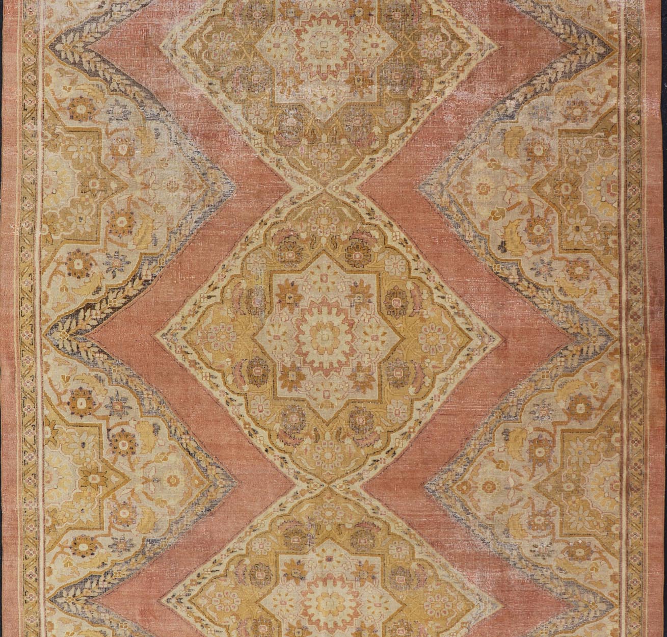 Antique Indian Agra Rug in Acidic Yellow Green, Pink and Ivory Antique Hand Knotted Indian Amritsar rug in acidic yellow green, pink, ivory and blue highlights. rug / 10 - 91003. 1890 circa Keivan Woven Arts/ Antique Amritsar, Antique Agra. ... - Keivan Woven Arts10 - 91003 - 2647Rug