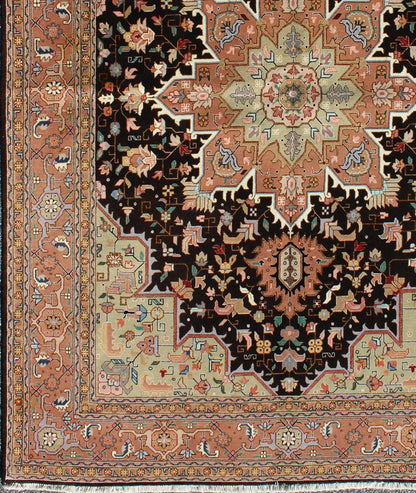 Fine Weave Persian Vintage Tabriz Carpet with Intricate Design in Black Color Black background Persian vintage Tabriz carpet with intricate floral elements, rug lok - 1176, country of origin / type: Iran / Tabriz, circa 1970 This outstandin... - Keivan Woven Arts10 - K - 1176 - 8889Rug