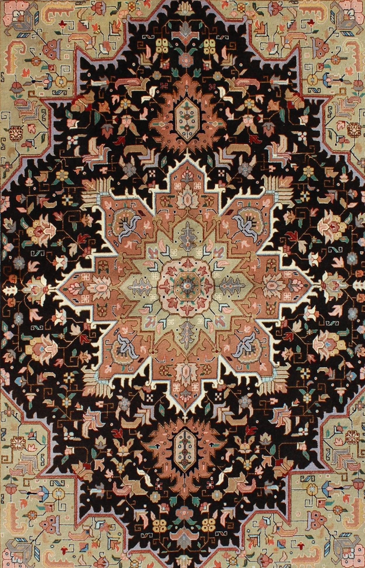 Fine Weave Persian Vintage Tabriz Carpet with Intricate Design in Black Color Black background Persian vintage Tabriz carpet with intricate floral elements, rug lok - 1176, country of origin / type: Iran / Tabriz, circa 1970 This outstandin... - Keivan Woven Arts10 - K - 1176 - 8889Rug