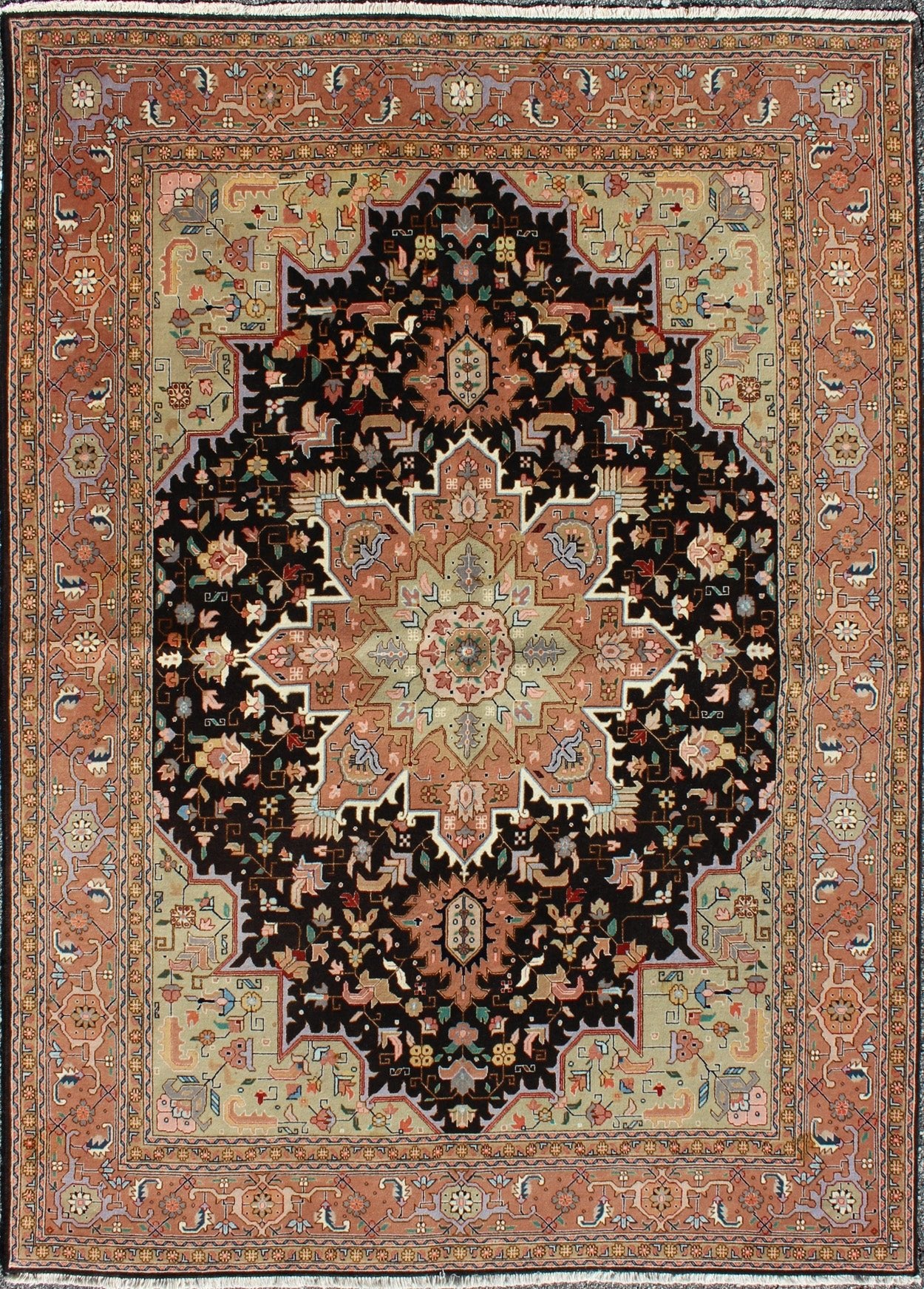 Fine Weave Persian Vintage Tabriz Carpet with Intricate Design in Black Color Black background Persian vintage Tabriz carpet with intricate floral elements, rug lok - 1176, country of origin / type: Iran / Tabriz, circa 1970 This outstandin... - Keivan Woven Arts10 - K - 1176 - 8889Rug