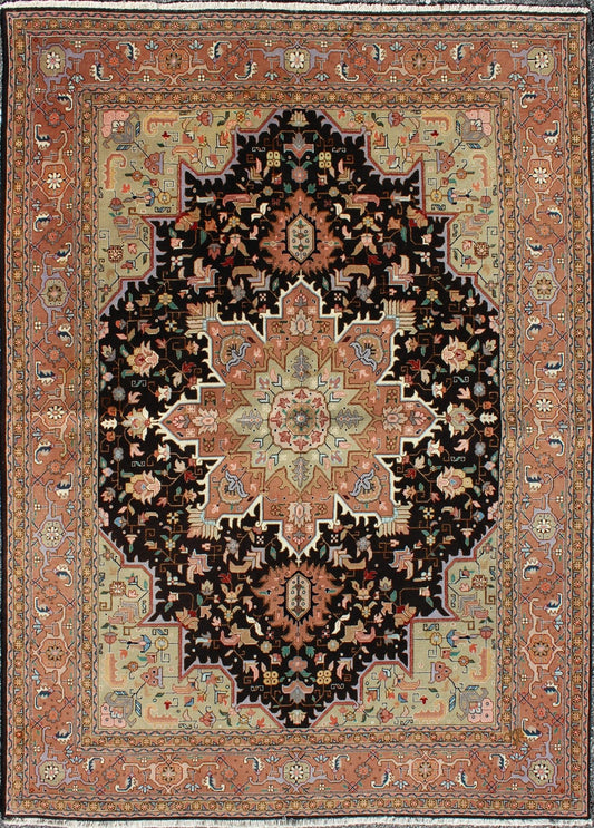 Fine Weave Persian Vintage Tabriz Carpet with Intricate Design in Black Color Black background Persian vintage Tabriz carpet with intricate floral elements, rug lok - 1176, country of origin / type: Iran / Tabriz, circa 1970 This outstandin... - Keivan Woven Arts10 - K - 1176 - 8889Rug