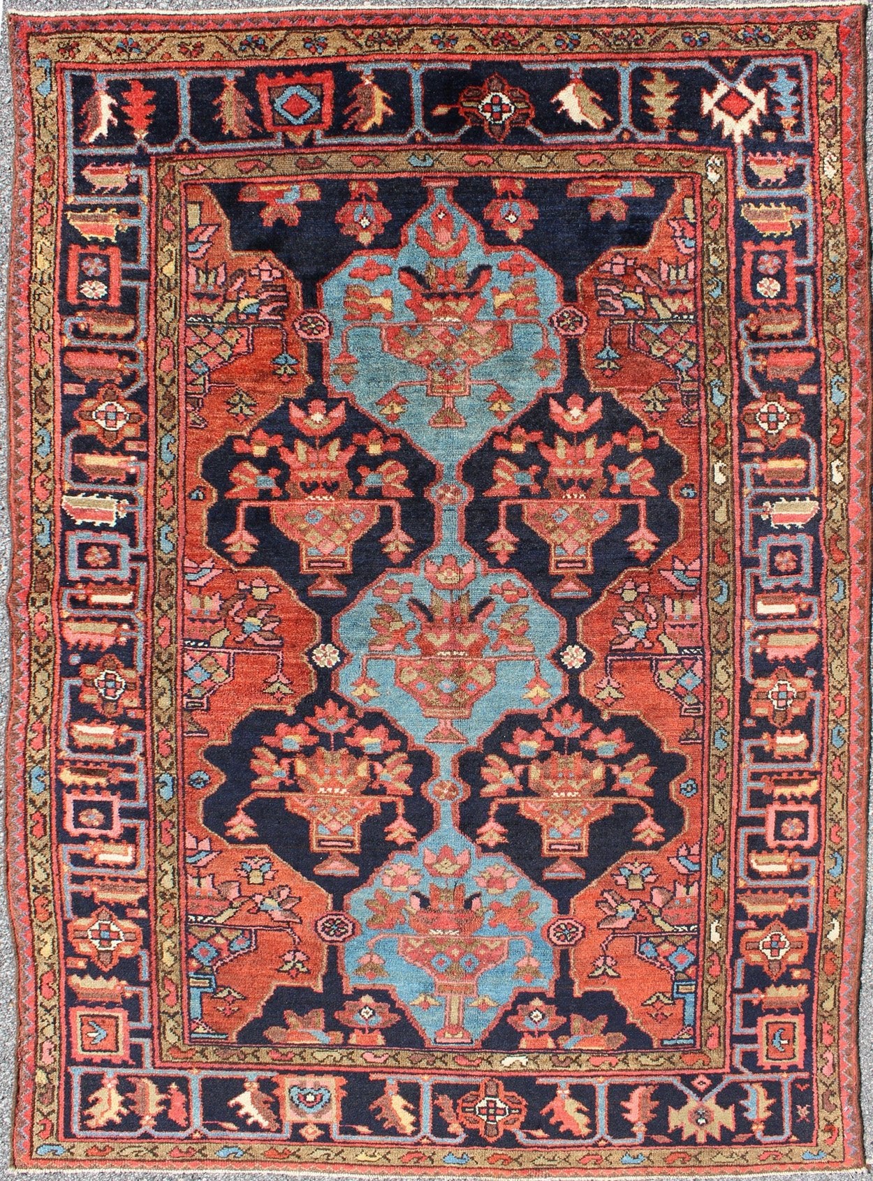 Antique Rare Persian Khamseh Rug in Ink Blue and Terra Cotta - Keivan Woven Arts10 - KE - 303Rugs