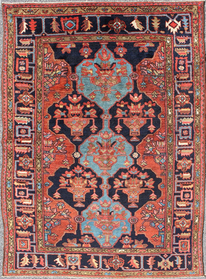 Antique Rare Persian Khamseh Rug in Ink Blue and Terra Cotta - Keivan Woven Arts10 - KE - 303Rugs
