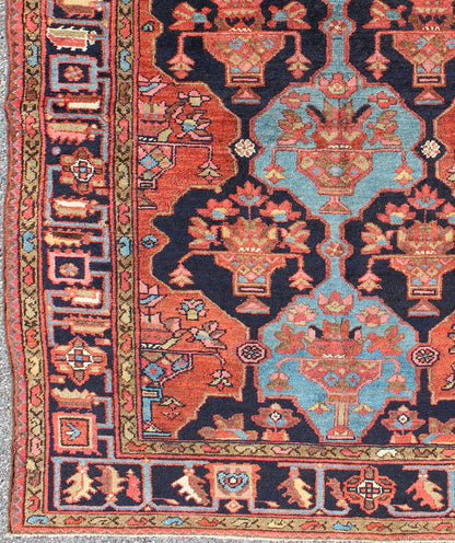 Antique Rare Persian Khamseh Rug in Ink Blue and Terra Cotta - Keivan Woven Arts10 - KE - 303Rugs