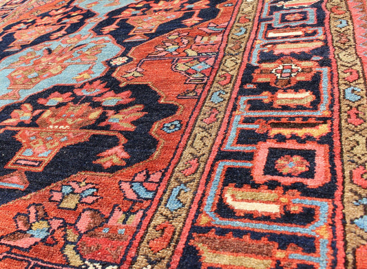 Antique Rare Persian Khamseh Rug in Ink Blue and Terra Cotta - Keivan Woven Arts10 - KE - 303Rugs