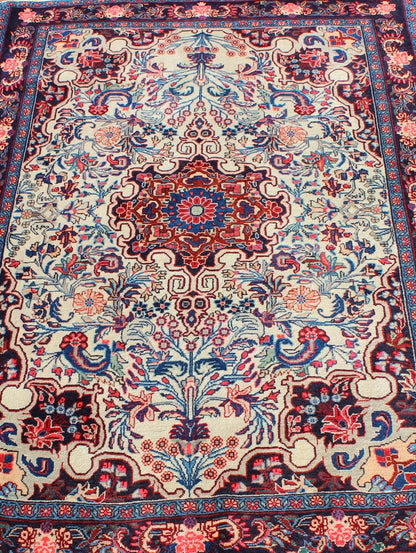 Keivan Woven Arts - Persian Bidjar Vintage Small Rug in Ivory Background and Classic Design. Persian Bidjar Vintage Rug in Multi colors and Classic Design. Rug/10 - KE - 304 Set on ivory background, this Persian carpet features a classic design in... - Keivan Woven Arts10 - KE - 304 - 1300Rug