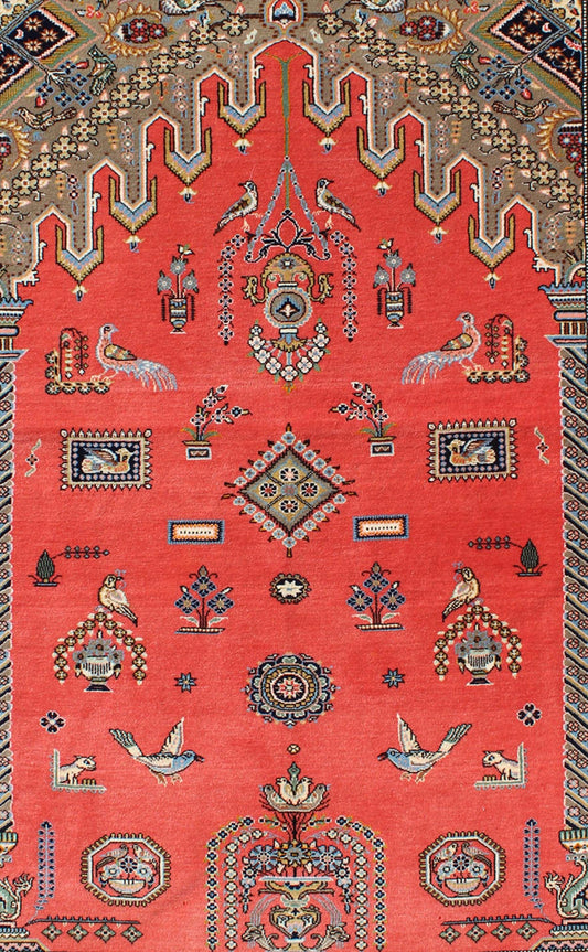 Vintage Fine Persian Qum Prayer Rug with soft Red Field and Tribal Motif Design. Vintage Fine Persian Qum Prayer Rug With Soft Red Field in Mihrab Design, Oum Rug, Prayer rug, kwarugs Vintage Persian Qum prayer rug with red field and tribal moti... - Keivan Woven Arts10 - KE - 307 - 1104Rug