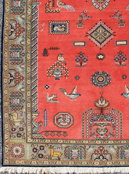 Vintage Fine Persian Qum Prayer Rug with soft Red Field and Tribal Motif Design. Vintage Fine Persian Qum Prayer Rug With Soft Red Field in Mihrab Design, Oum Rug, Prayer rug, kwarugs Vintage Persian Qum prayer rug with red field and tribal moti... - Keivan Woven Arts10 - KE - 307 - 1104Rug