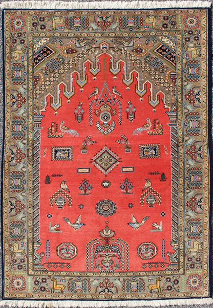 Vintage Fine Persian Qum Prayer Rug with soft Red Field and Tribal Motif Design. Vintage Fine Persian Qum Prayer Rug With Soft Red Field in Mihrab Design, Oum Rug, Prayer rug, kwarugs Vintage Persian Qum prayer rug with red field and tribal moti... - Keivan Woven Arts10 - KE - 307 - 1104Rug