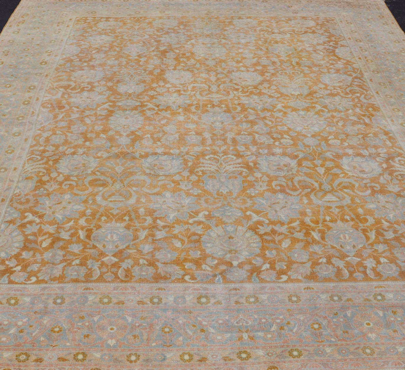 Antique Indian Amritsar Rug in Light Orange/Saffron, Pink, Light Blue & Green. Keivan Woven Arts / Rug/11 - 20210 country of origin / type: India / Amritsar, circa 1910. Measures: 9'10 x 13'3 The soft orange, light pink, light blue, yellow,... - Keivan Woven Arts11 - 20210 - 8656Rug