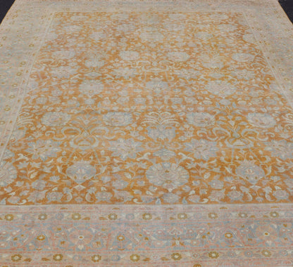 Antique Indian Amritsar Rug in Light Orange/Saffron, Pink, Light Blue & Green. Keivan Woven Arts / Rug/11 - 20210 country of origin / type: India / Amritsar, circa 1910. Measures: 9'10 x 13'3 The soft orange, light pink, light blue, yellow,... - Keivan Woven Arts11 - 20210 - 8656Rug