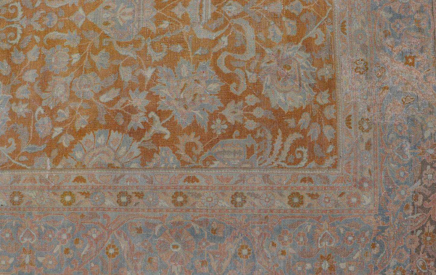 Antique Indian Amritsar Rug in Light Orange/Saffron, Pink, Light Blue & Green. Keivan Woven Arts / Rug/11 - 20210 country of origin / type: India / Amritsar, circa 1910. Measures: 9'10 x 13'3 The soft orange, light pink, light blue, yellow,... - Keivan Woven Arts11 - 20210 - 8656Rug
