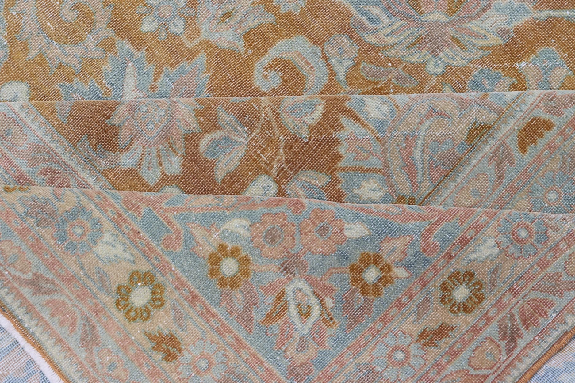 Antique Indian Amritsar Rug in Light Orange/Saffron, Pink, Light Blue & Green. Keivan Woven Arts / Rug/11 - 20210 country of origin / type: India / Amritsar, circa 1910. Measures: 9'10 x 13'3 The soft orange, light pink, light blue, yellow,... - Keivan Woven Arts11 - 20210 - 8656Rug