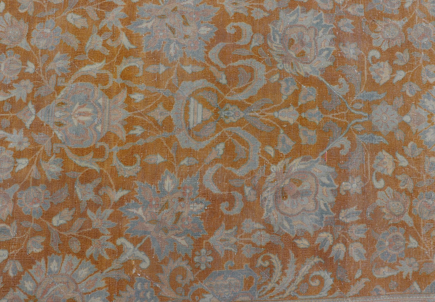 Antique Indian Amritsar Rug in Light Orange/Saffron, Pink, Light Blue & Green. Keivan Woven Arts / Rug/11 - 20210 country of origin / type: India / Amritsar, circa 1910. Measures: 9'10 x 13'3 The soft orange, light pink, light blue, yellow,... - Keivan Woven Arts11 - 20210 - 8656Rug