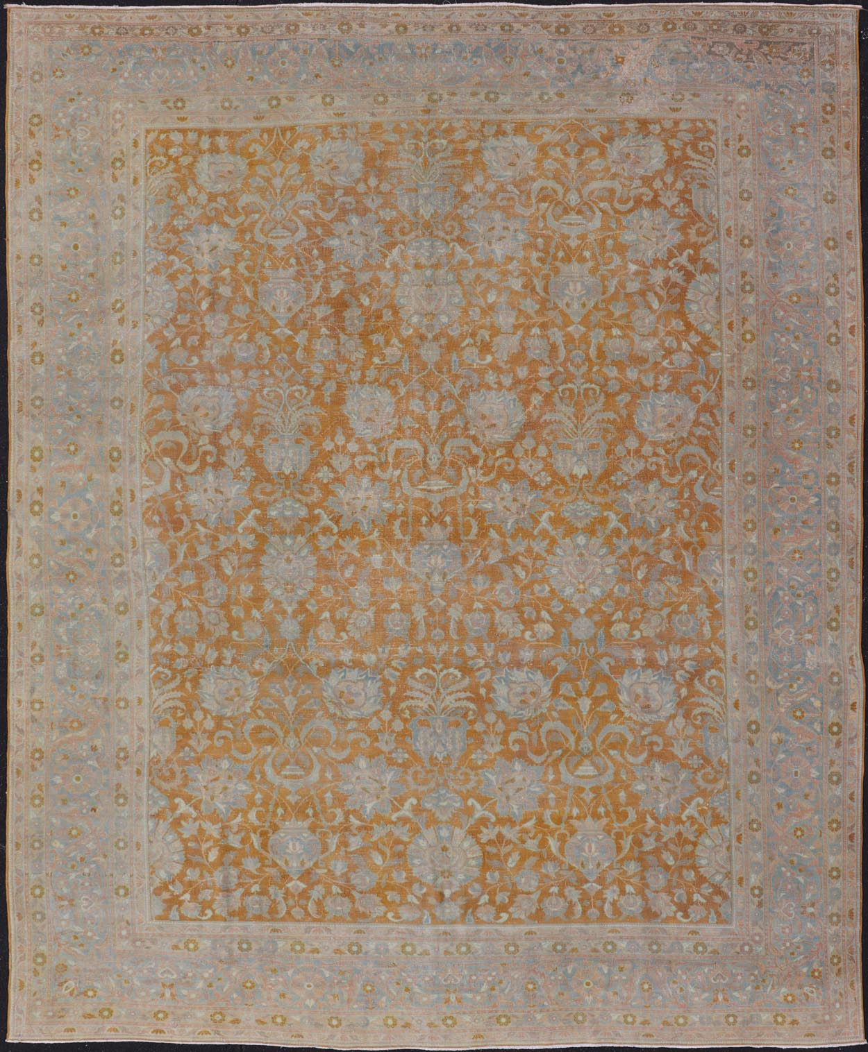 Antique Indian Amritsar Rug in Light Orange/Saffron, Pink, Light Blue & Green. Keivan Woven Arts / Rug/11 - 20210 country of origin / type: India / Amritsar, circa 1910. Measures: 9'10 x 13'3 The soft orange, light pink, light blue, yellow,... - Keivan Woven Arts11 - 20210 - 8656Rug