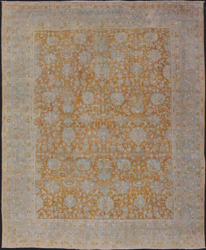 Antique Indian Amritsar Rug in Light Orange/Saffron, Pink, Light Blue & Green. Keivan Woven Arts / Rug/11 - 20210 country of origin / type: India / Amritsar, circa 1910. Measures: 9'10 x 13'3 The soft orange, light pink, light blue, yellow,... - Keivan Woven Arts11 - 20210 - 8656Rug
